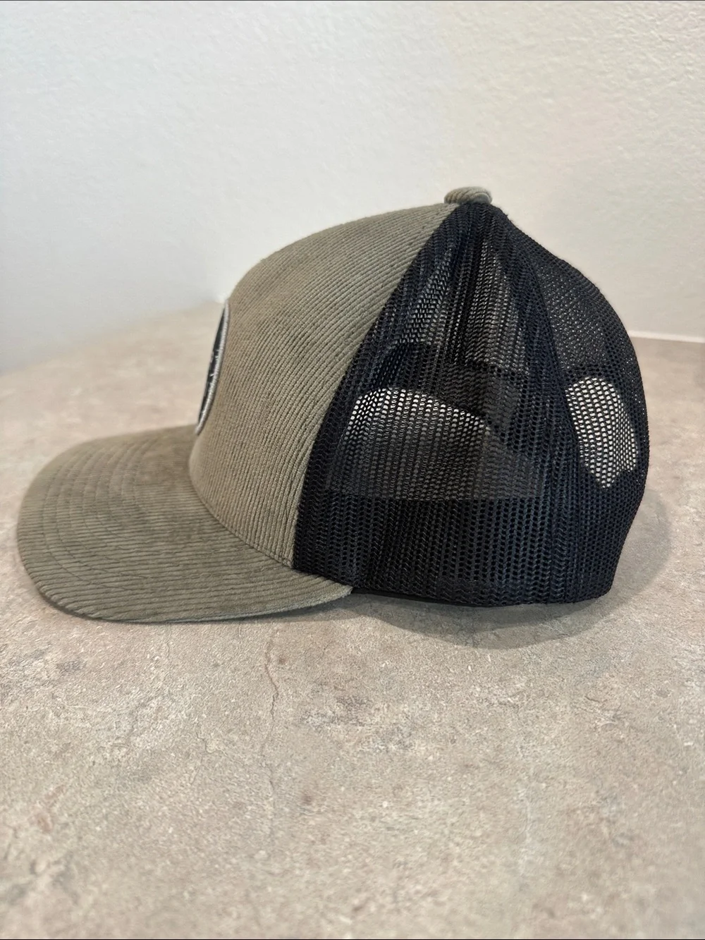 Vuori Olive Corduroy Patch Trucker Hat with Black Mesh